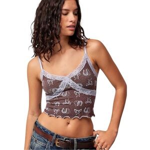 Urban outfitters Cross Western Cami Brown Lace Trim Crop Top size Xsmall /Small